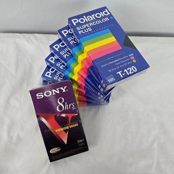 Polaroid Supercolor Plus Blank VHS Tapes T-120 Lot of 7 NEW SEALED + Sony 8Hrs - Picture 2 of 7